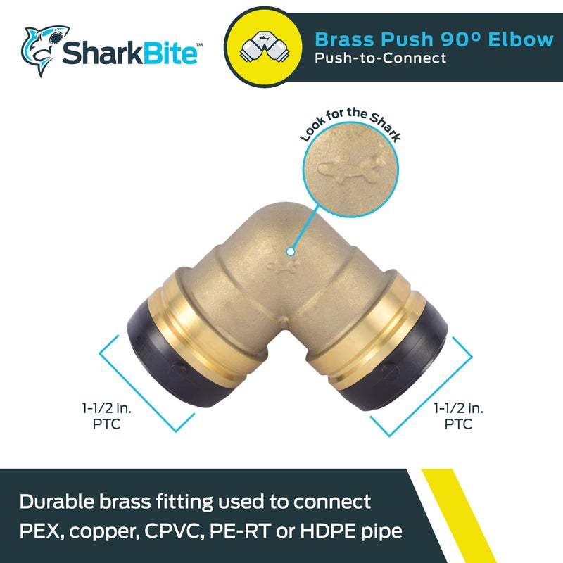SharkBite 1-1/2 Inch 90 Degree Elbow, Push to Connect Brass Plumbing Fitting, PEX Pipe, Copper, CPVC, PE-RT, HDPE, UXL0241 - Image 2